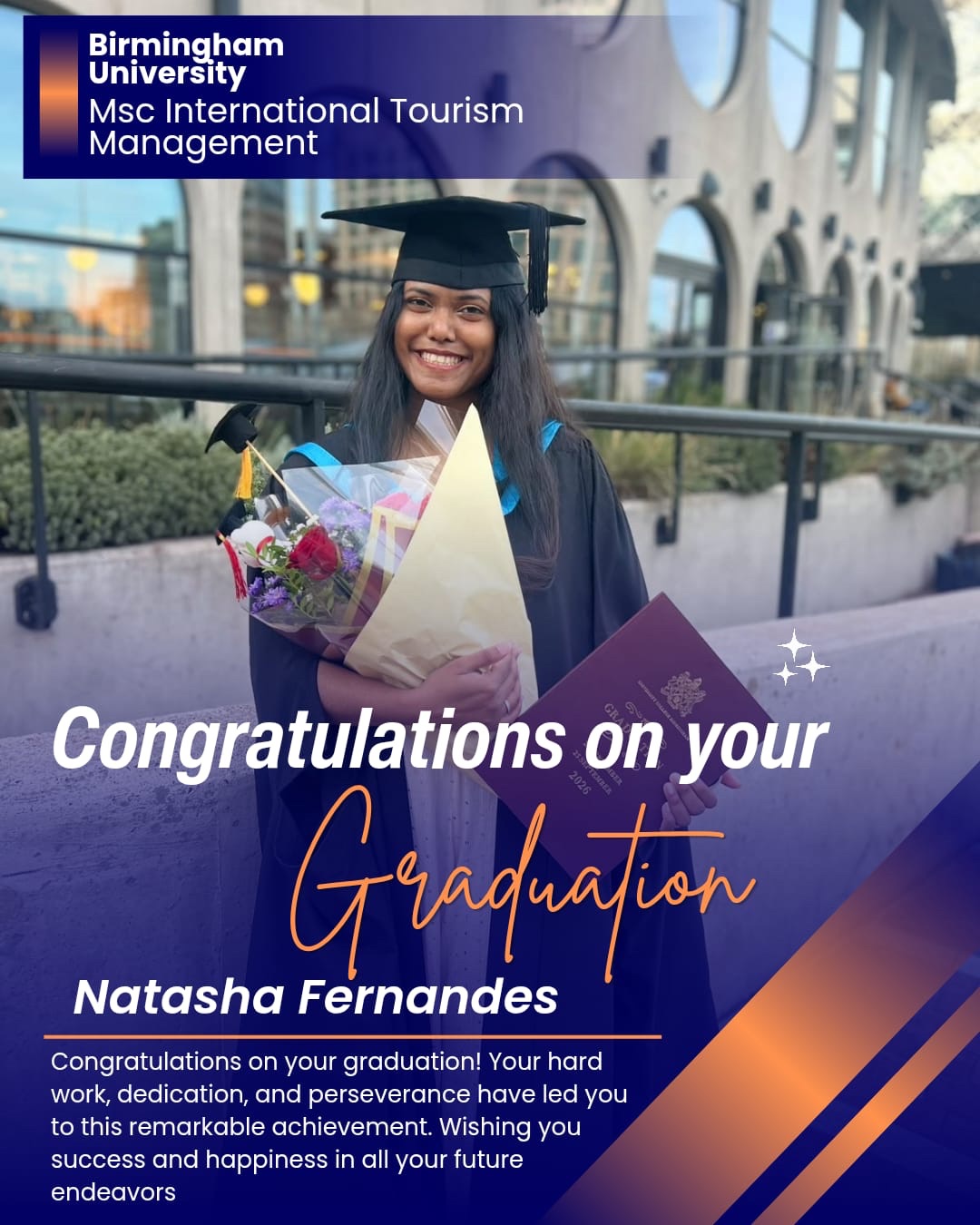 Natasha Fernandes at her MSc International Tourism Management graduation in Birmingham